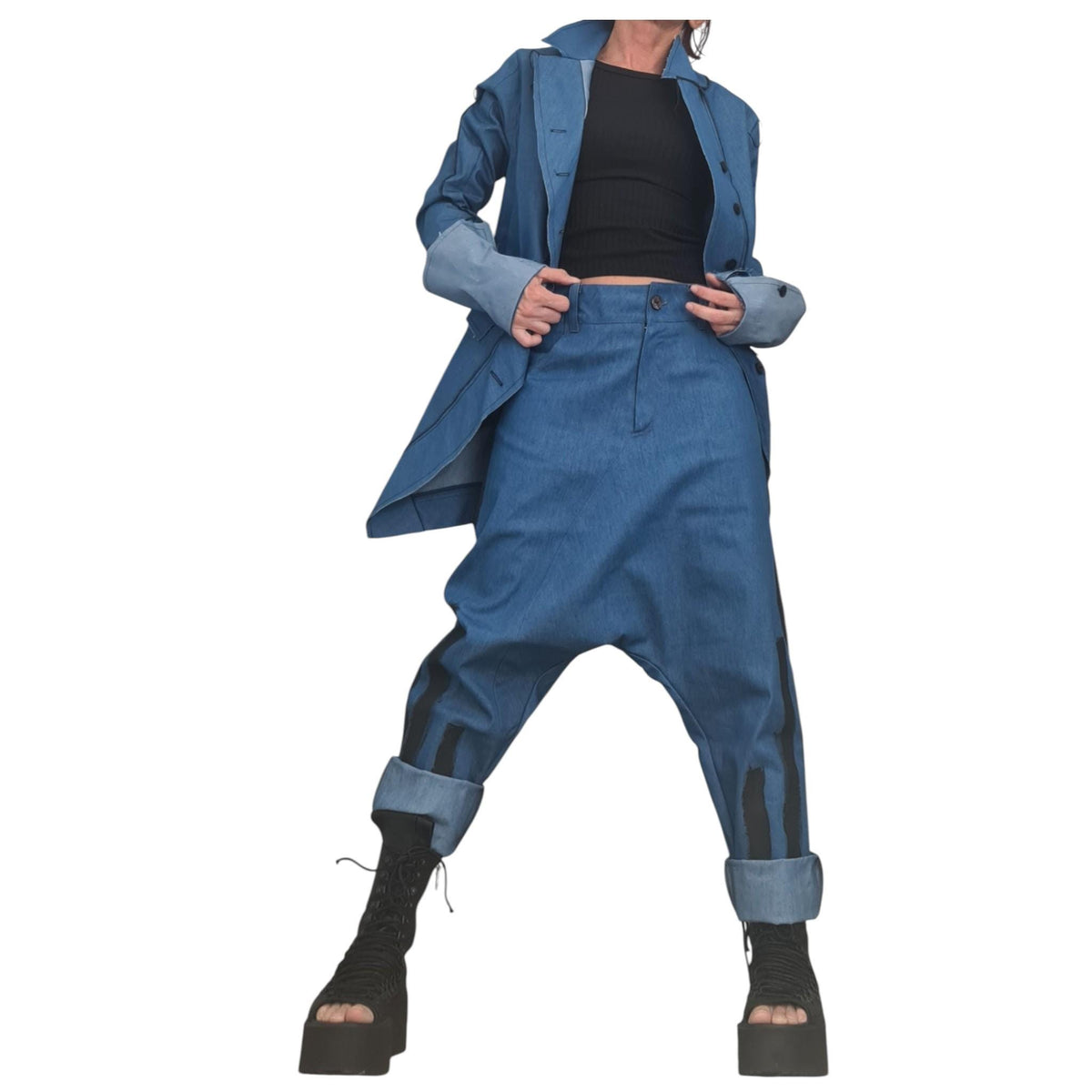 Denim Jacket Pants Set, Avant Garde Blazer, Harem Trousers