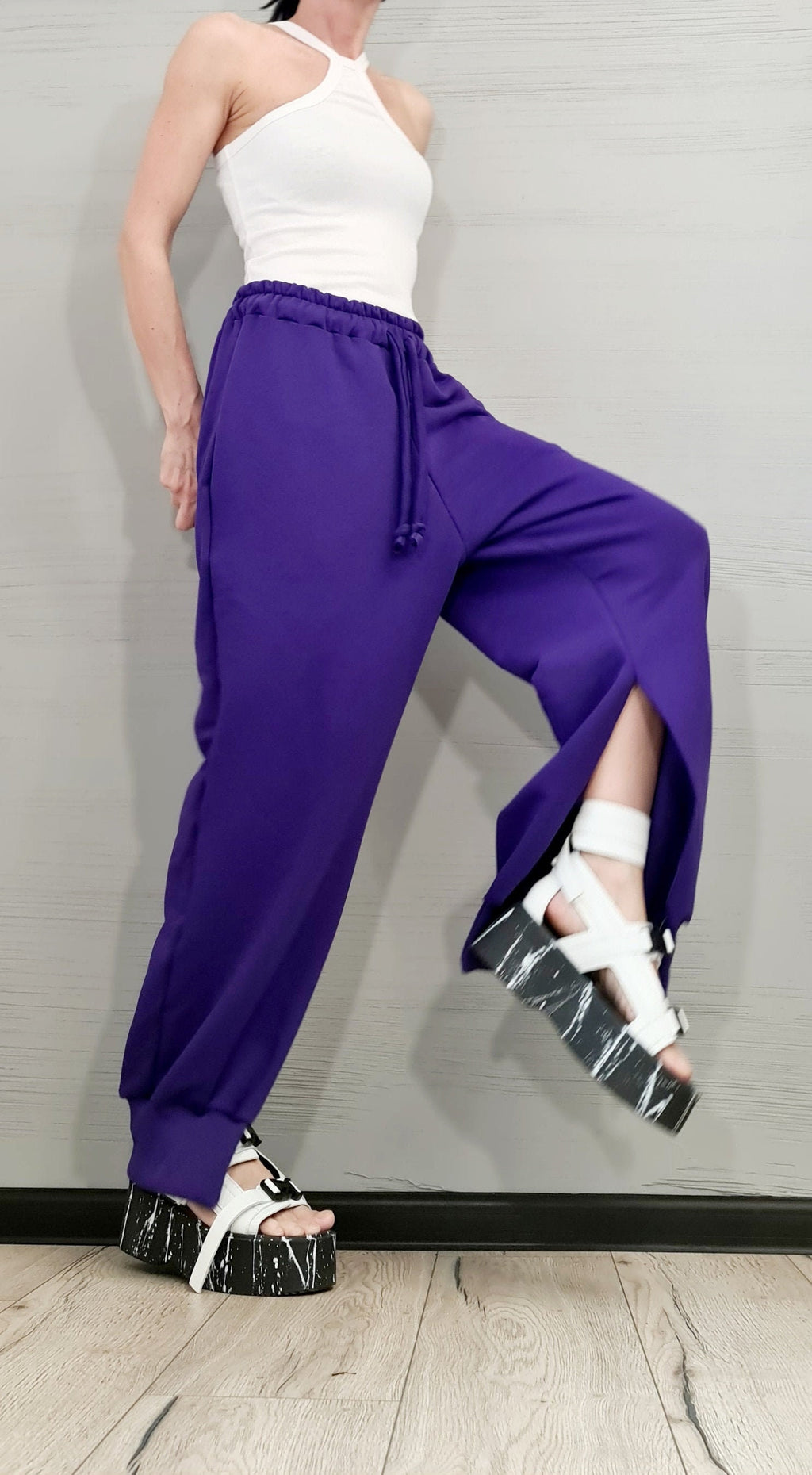 Purple French Terry Jogger Pants, Split Hem Trousers