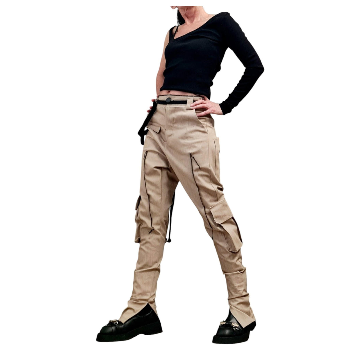 Extravagant Cargo Denim Pants, Fitted Casual Pants, Outer pockets