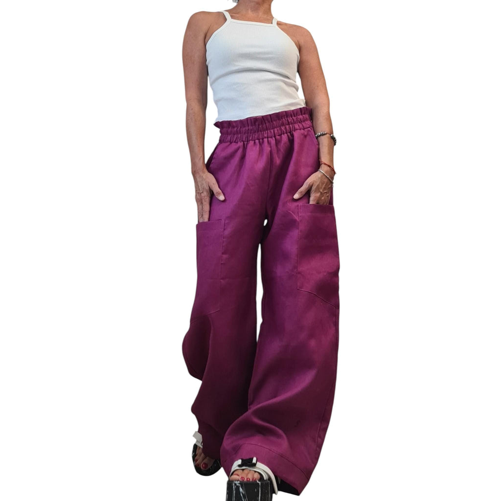 Magenta Wide Leg Pants, Avant Garde Linen Palazzo, Boho Trousers