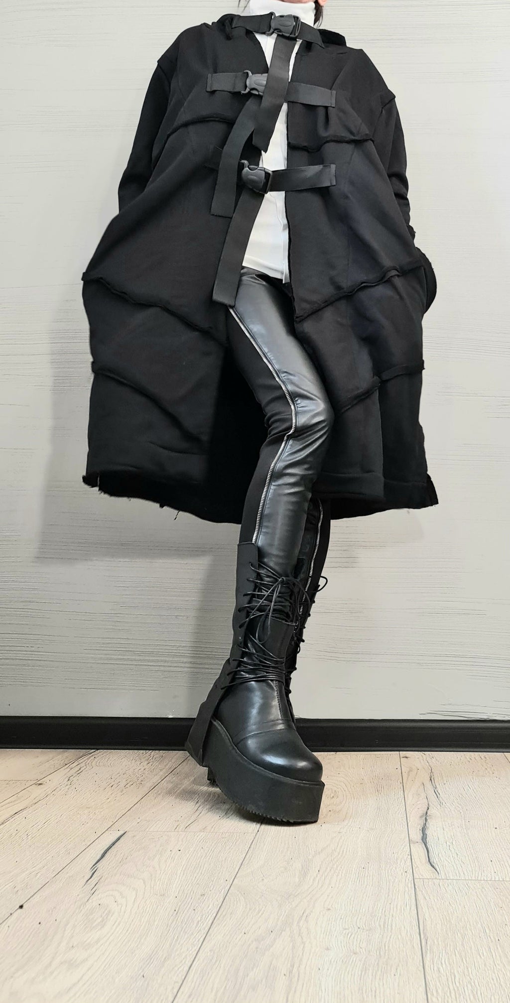 Black Oversized Hooded Vest, Long Asymmetric Sleeveless Coat, Layered Hem, Plus Size