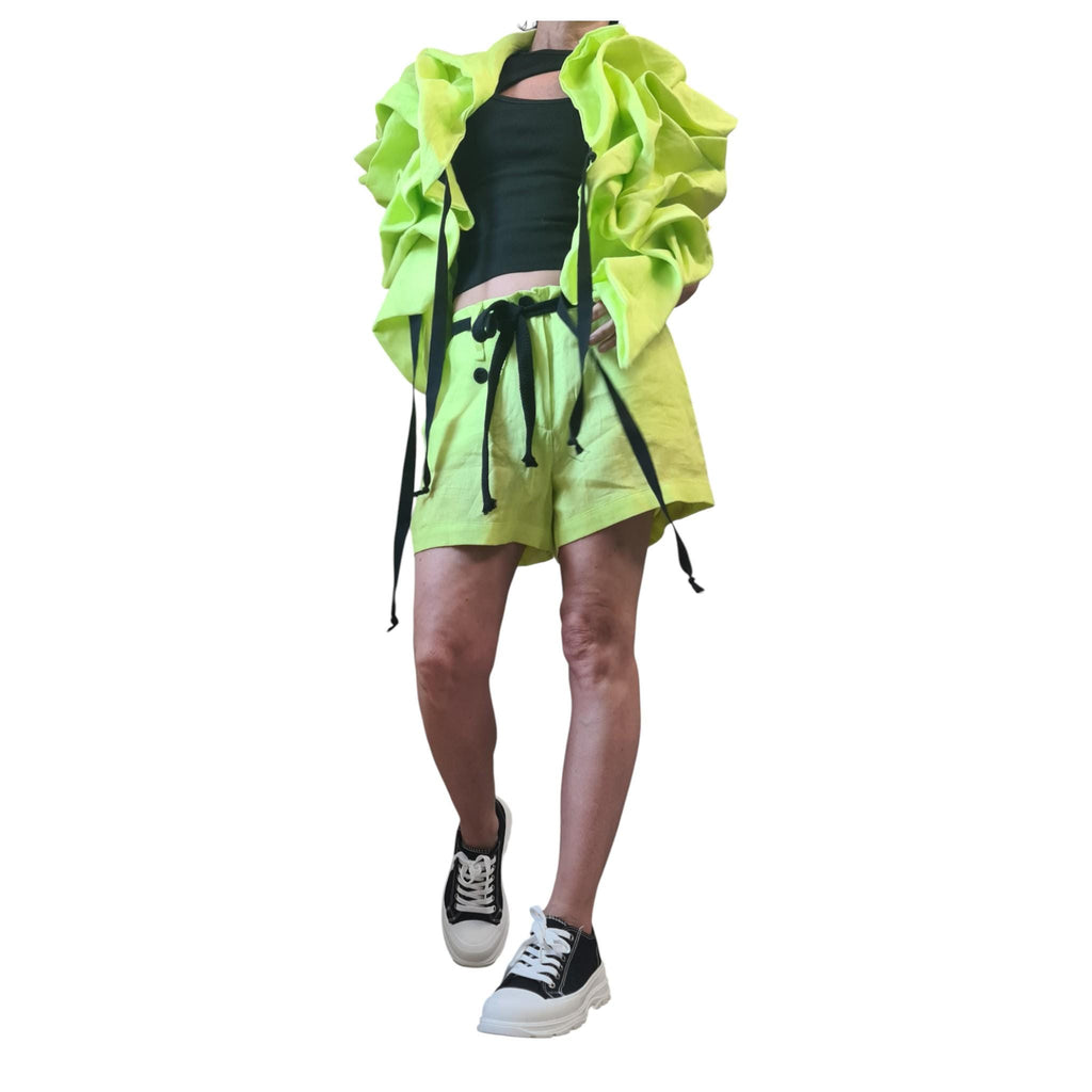 Lime Green Linen Asymmetric Short Jacket Sleeveless Gathered Womens Avant Garde Clothing