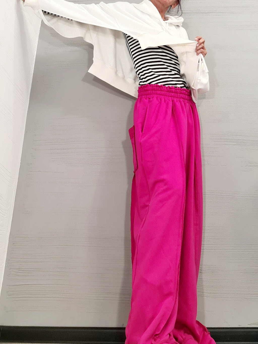 Fuchsia Wide Leg Pants, French Terry Cotton Trousers, Drop Crotch, Plus Size