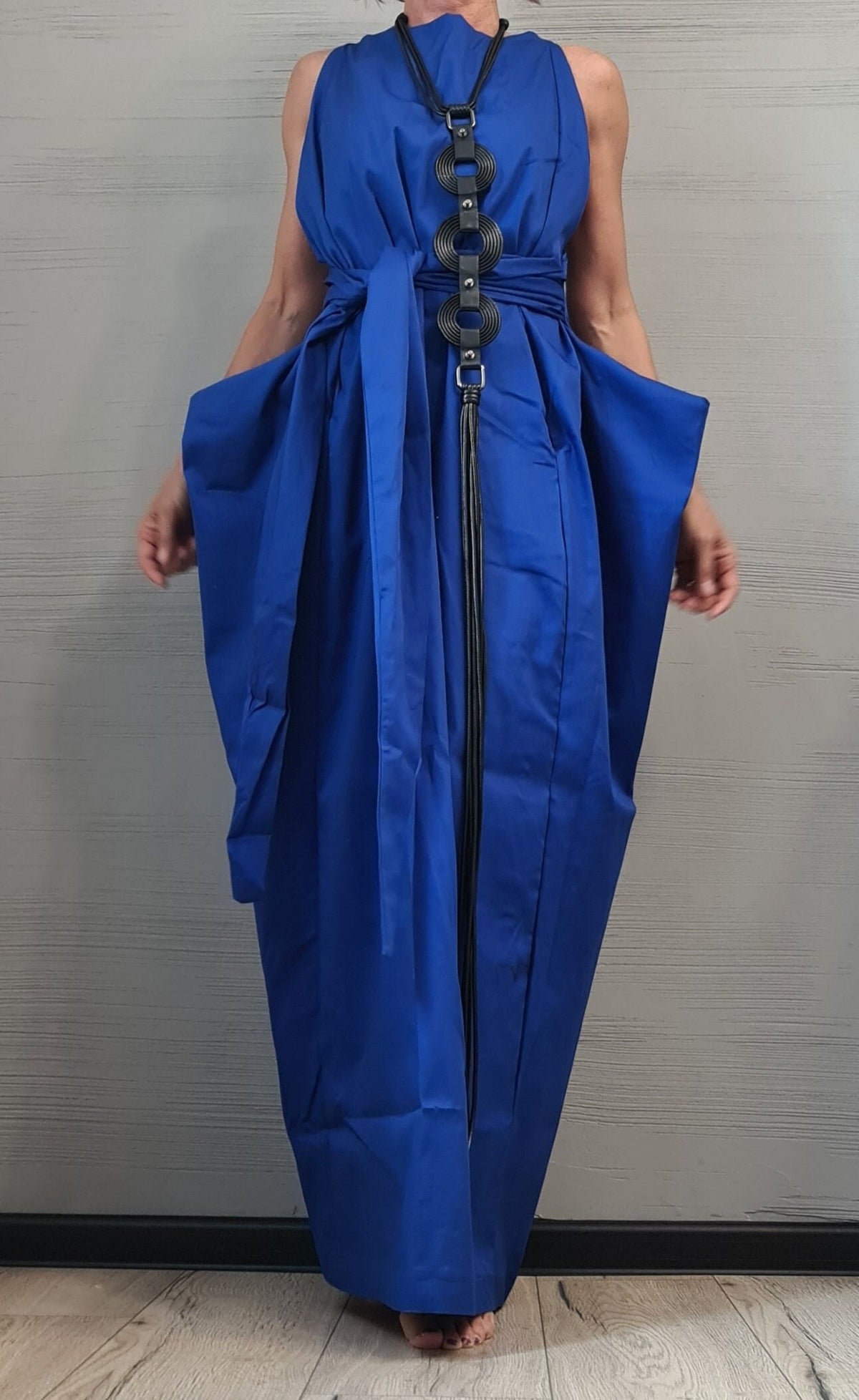 Royal Blue Open Back Maxi Dress, Sleeveless Loose Fit, Wide Silhouette, Adjustable Summer Design