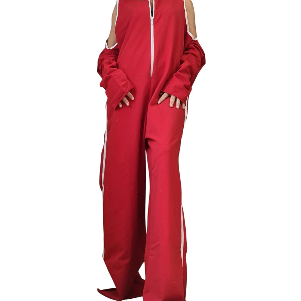 Red Cotton Harem Jumpsuit, Wide Leg Overall, With and without sleeve