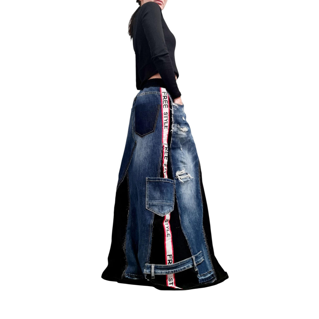 Denim Maxi Skirt Women, Patchwork Jean Clothing, Asymmetrical Long Gothic Oversized Skirt