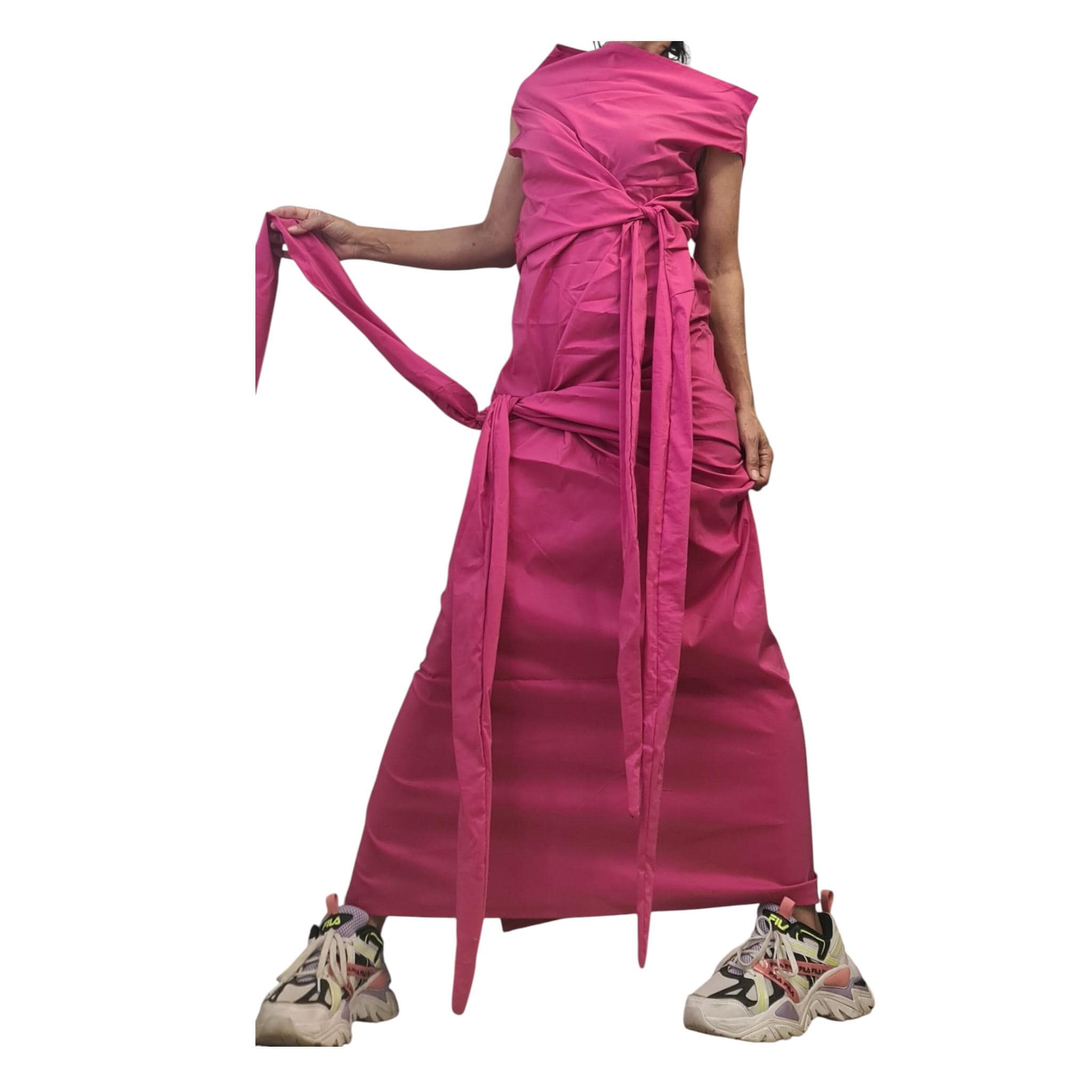 Pink Maxi Dress, One Shoulder Asymmetric, Boho Summer Dress, Kaftan Draped Cotton Outfit