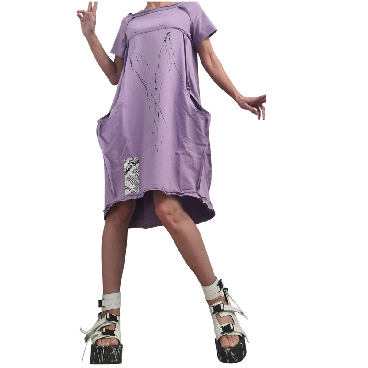 Lavender French Terry Off Shoulder Asymmetric Dress, Plus Size Clothing