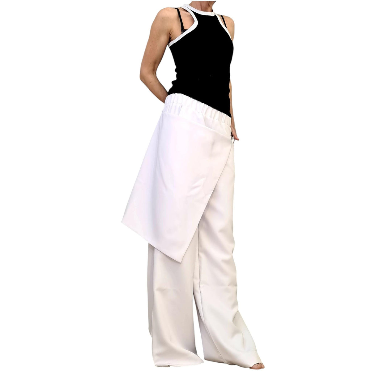 White Wrap Skirt Pants, Wide Leg Palazzo, Elastic Waist, Plus Size