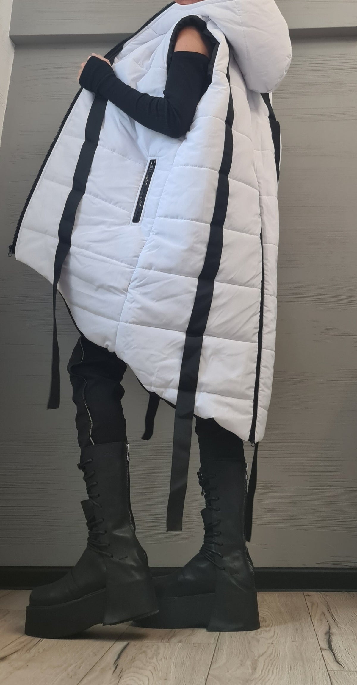 White Oversized Hooded Puffer Vest, Asymmetrical Sleeveless Winter Coat, Black Stripes, Plus Size