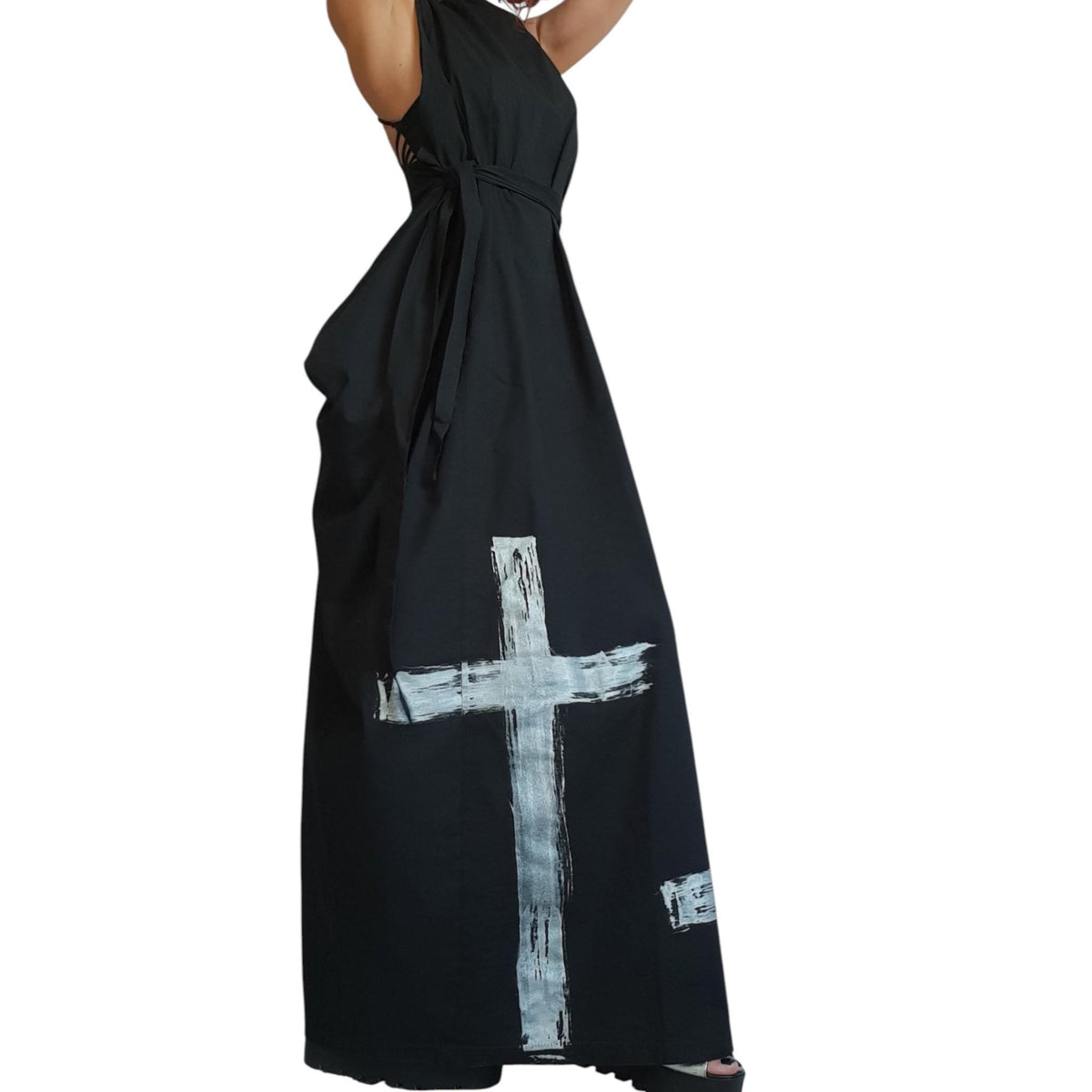 Black Open Back Maxi Gothic Dress, Sleeveless Plus Size Kaftan