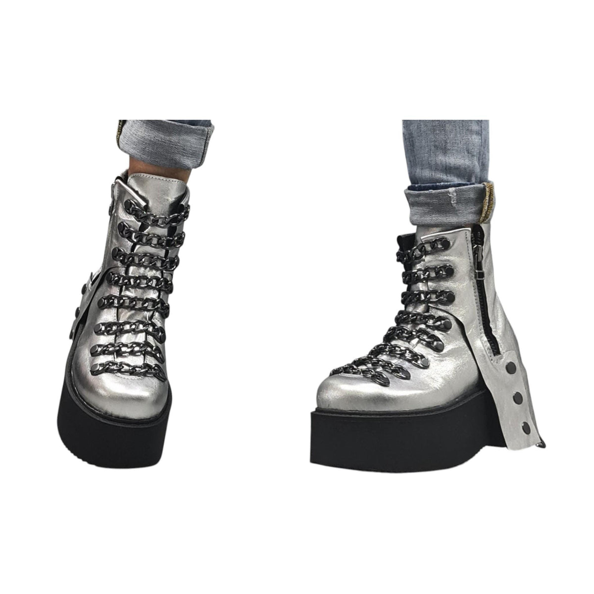 Silver Leather Platform Ankle Boots, Gothic Women Shoes with Chains, Handmade Statement Footwear