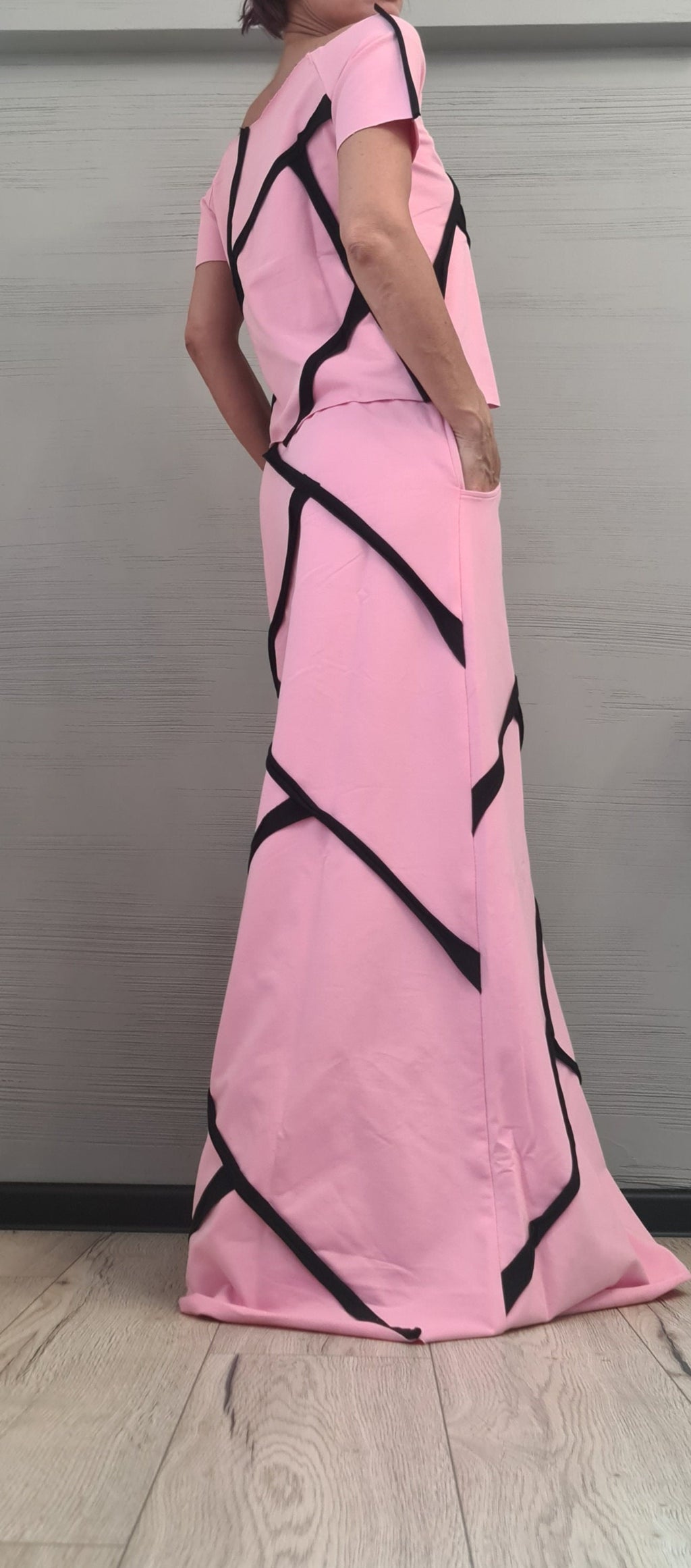 Pink Cotton High Waist Maxi Skirt, Asymmetrical Cropped Blouse, Contrast Trim, Two-Piece Co-Ord Set
