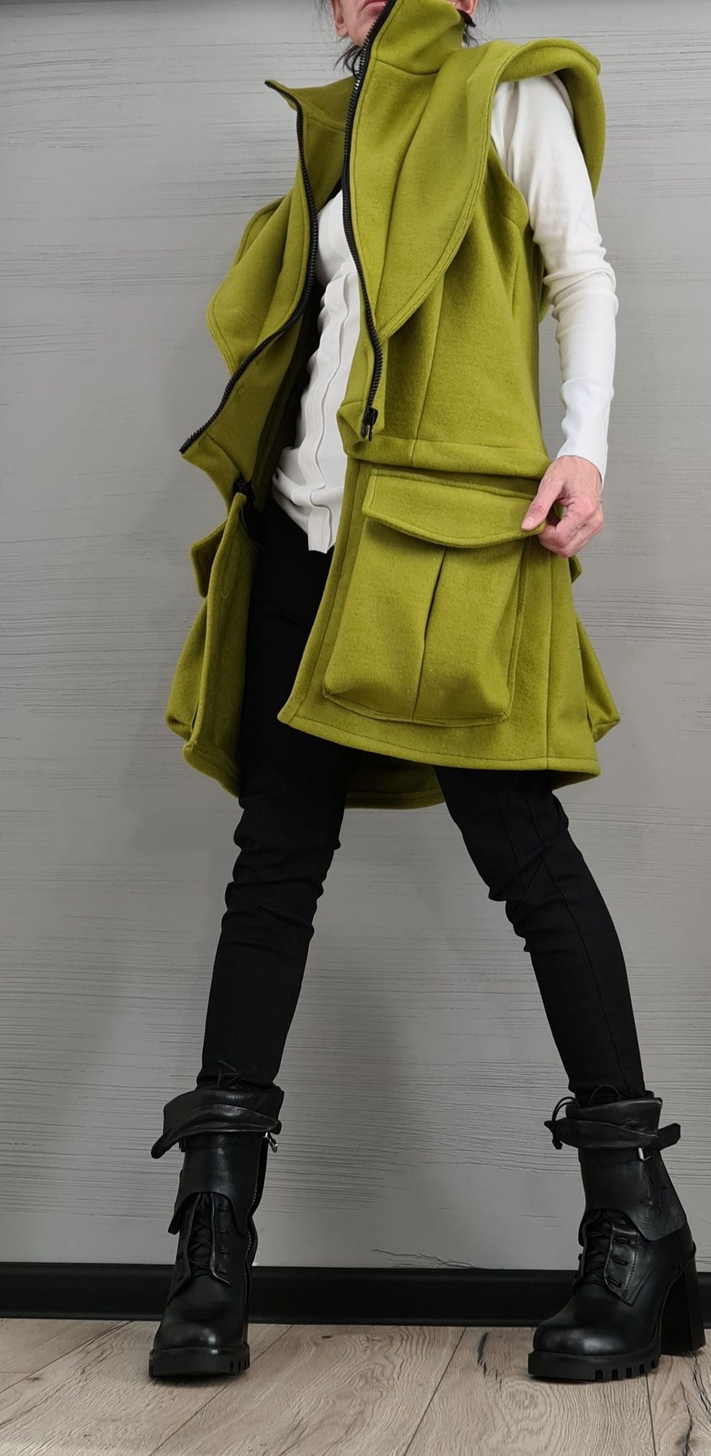 Pistachio Asymmetric Convertible Hooded Vest, Detachable Cargo Pocket Panel, Long or Cropped, Plus Size