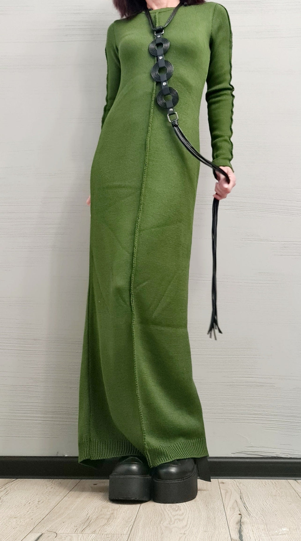 Military Green Asymmetric Maxi Knit Dress, Long Sleeves, Plus Size Sweater