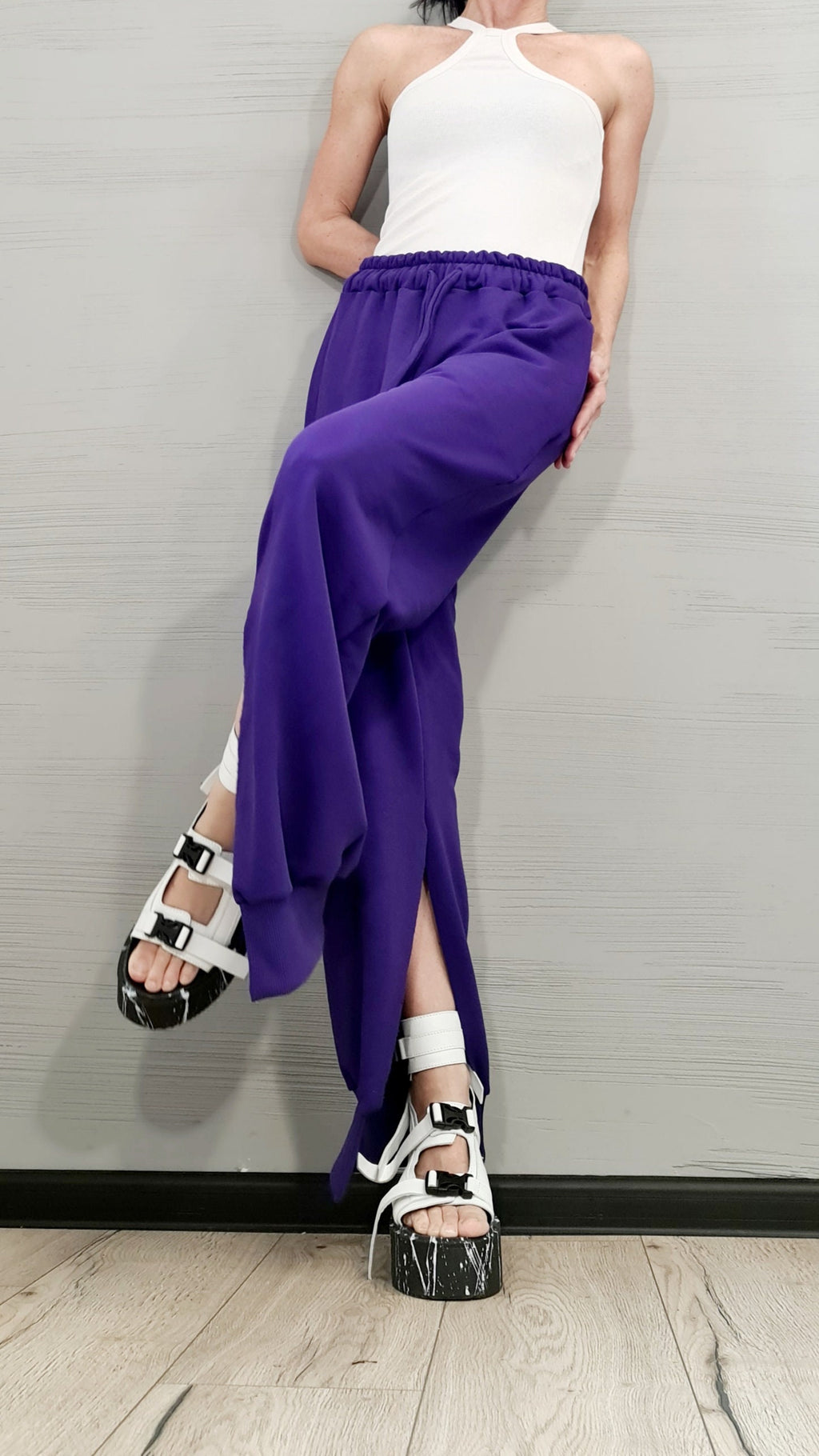 Purple French Terry Jogger Pants, Split Hem Trousers