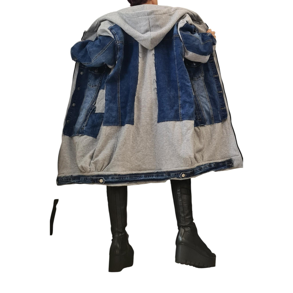Avant Garde Denim Cotton Hoodie | Oversize Plus Size Sweatshirt | Handmade Streetwear for Women