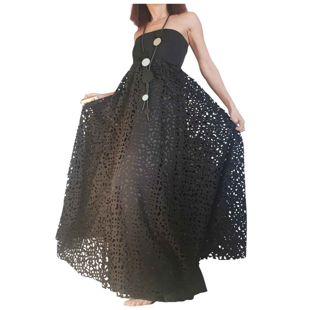 Avant-garde Black Gothic Maxi Skirt Dress, Neoprene Circle Skirt