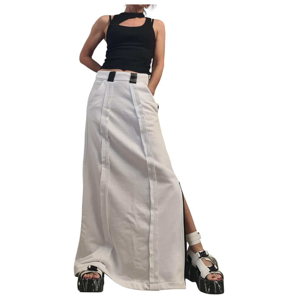 White Maxi Cotton Skirt for Women, Outer Seam, Black Ziperr Detail