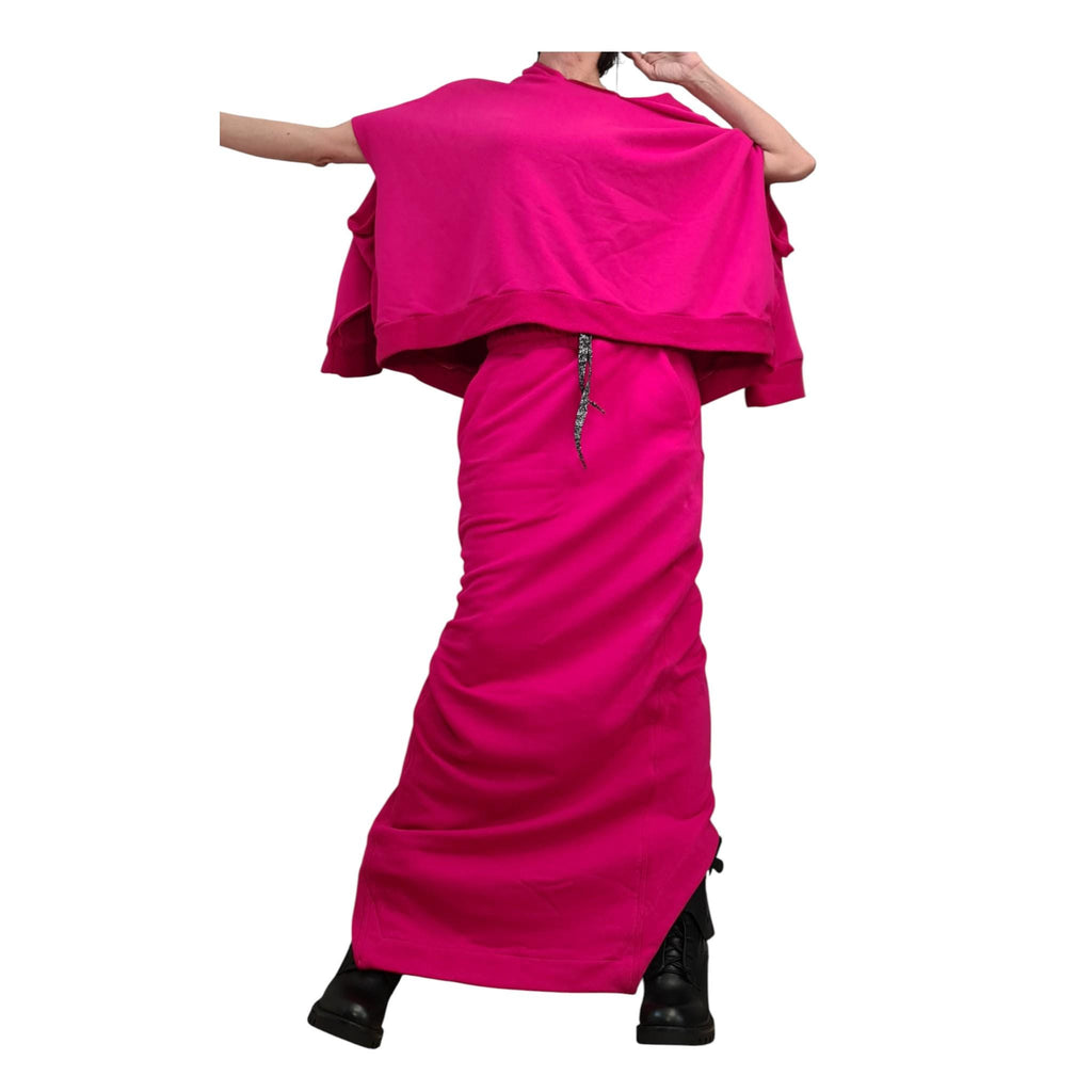 Fuchsia Cotton Asymmetrical Wrap Maxi Skirt, Cropped Hooded Blouse, Two-Piece Co-Ord Set