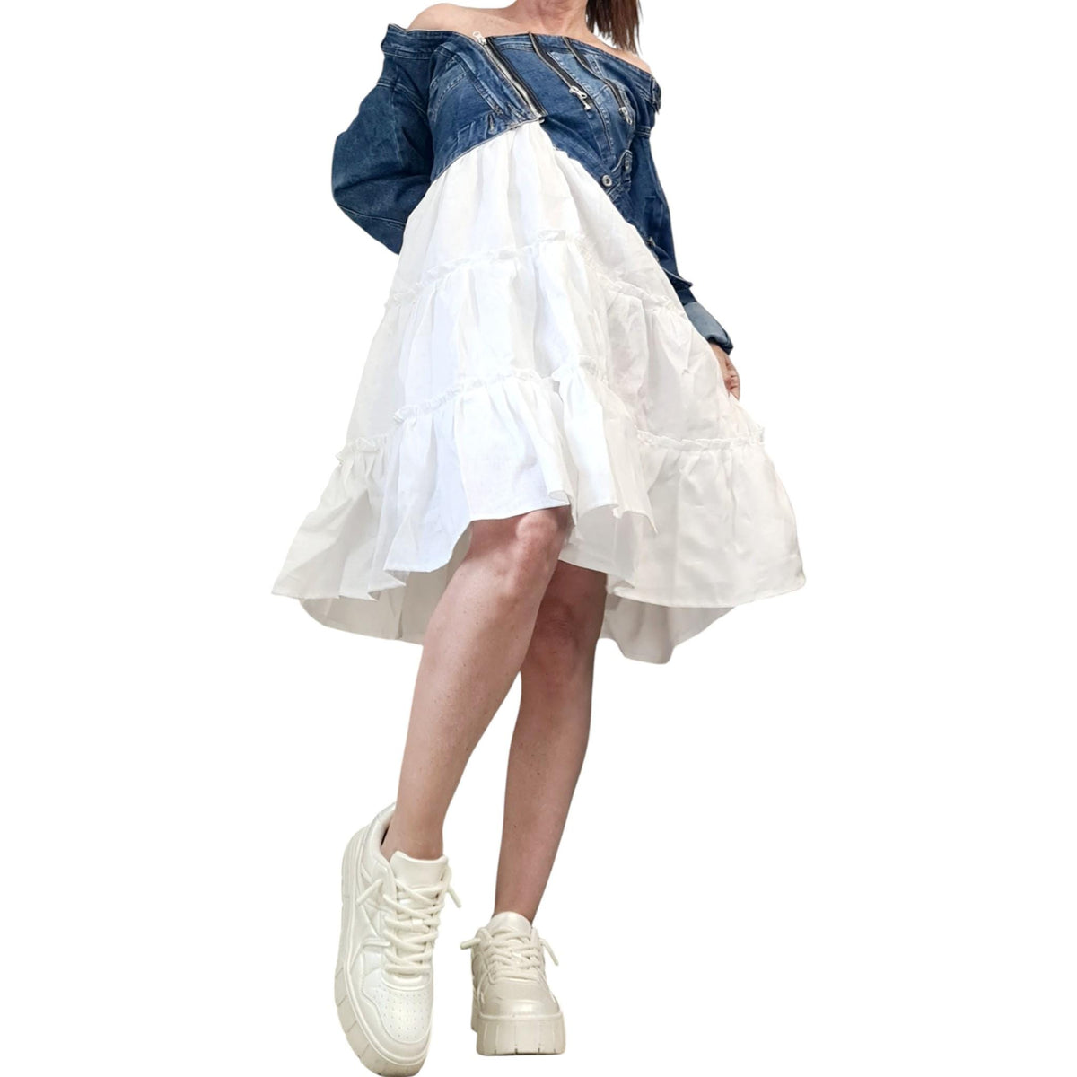 White Linen Dress with Denim Top, Off Shoulder Asymmetric Ruffle Dress