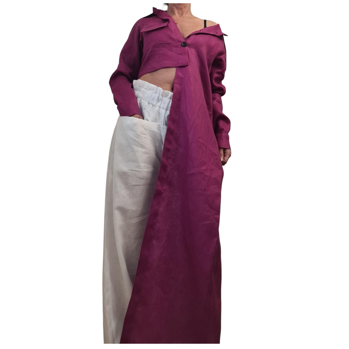 Magenta Linen Shirt, One Shoulder Asymmetrical High Low Tunic for Women