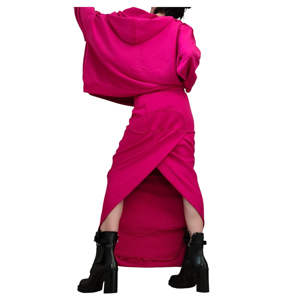 Fuchsia Cotton Asymmetrical Wrap Maxi Skirt, Cropped Hooded Blouse, Two-Piece Co-Ord Set