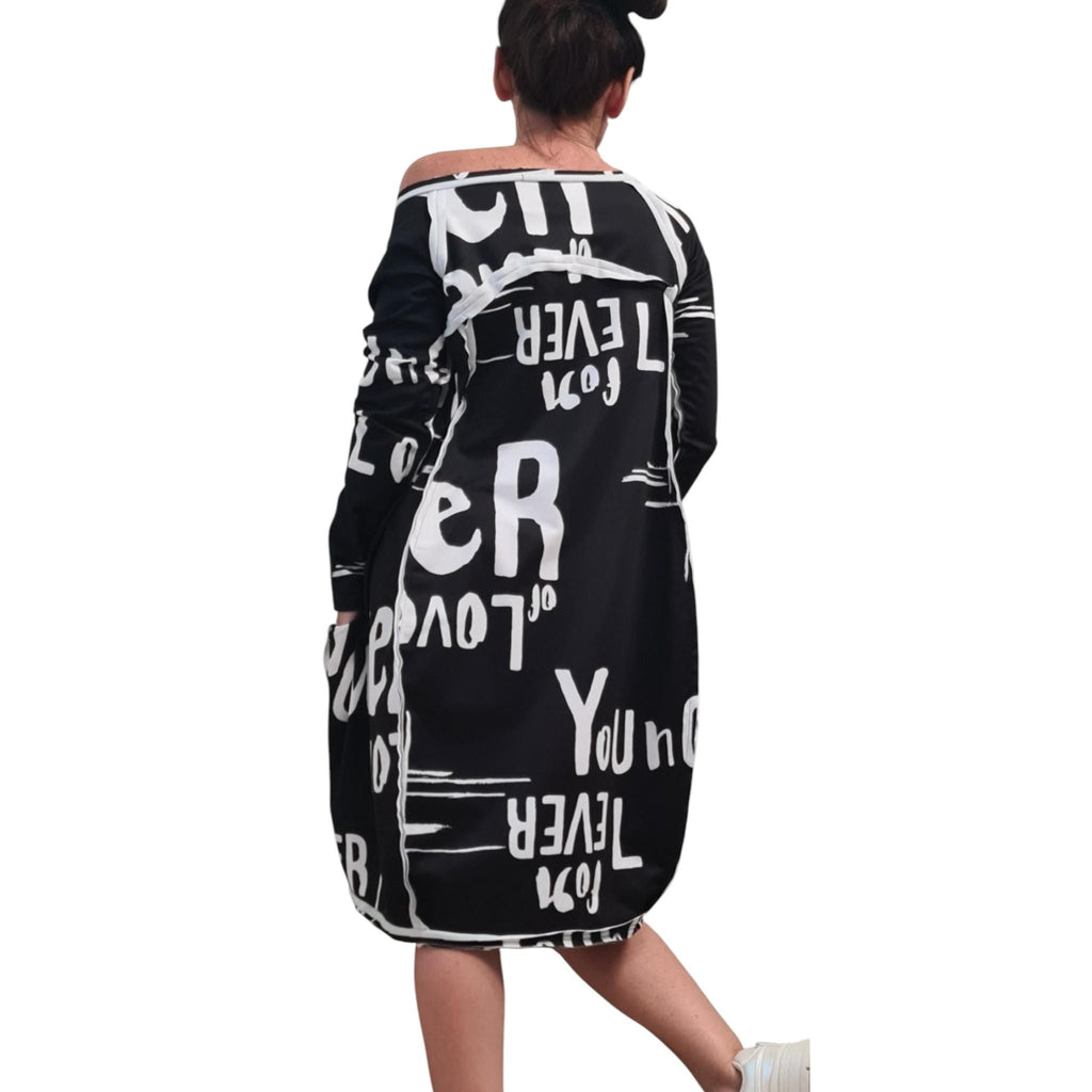 Asymmetric Graphic Dress, Long Sleeves, Knee Length Balloon Shape, Black White, Fashion for Women
