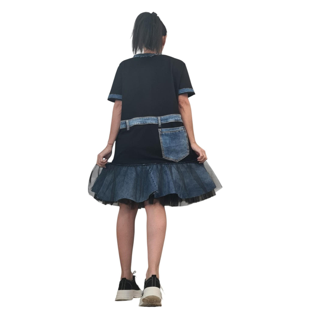 Black Cotton Tunic, Asymmetric Denim Tulle Dress, Plus Size Dress