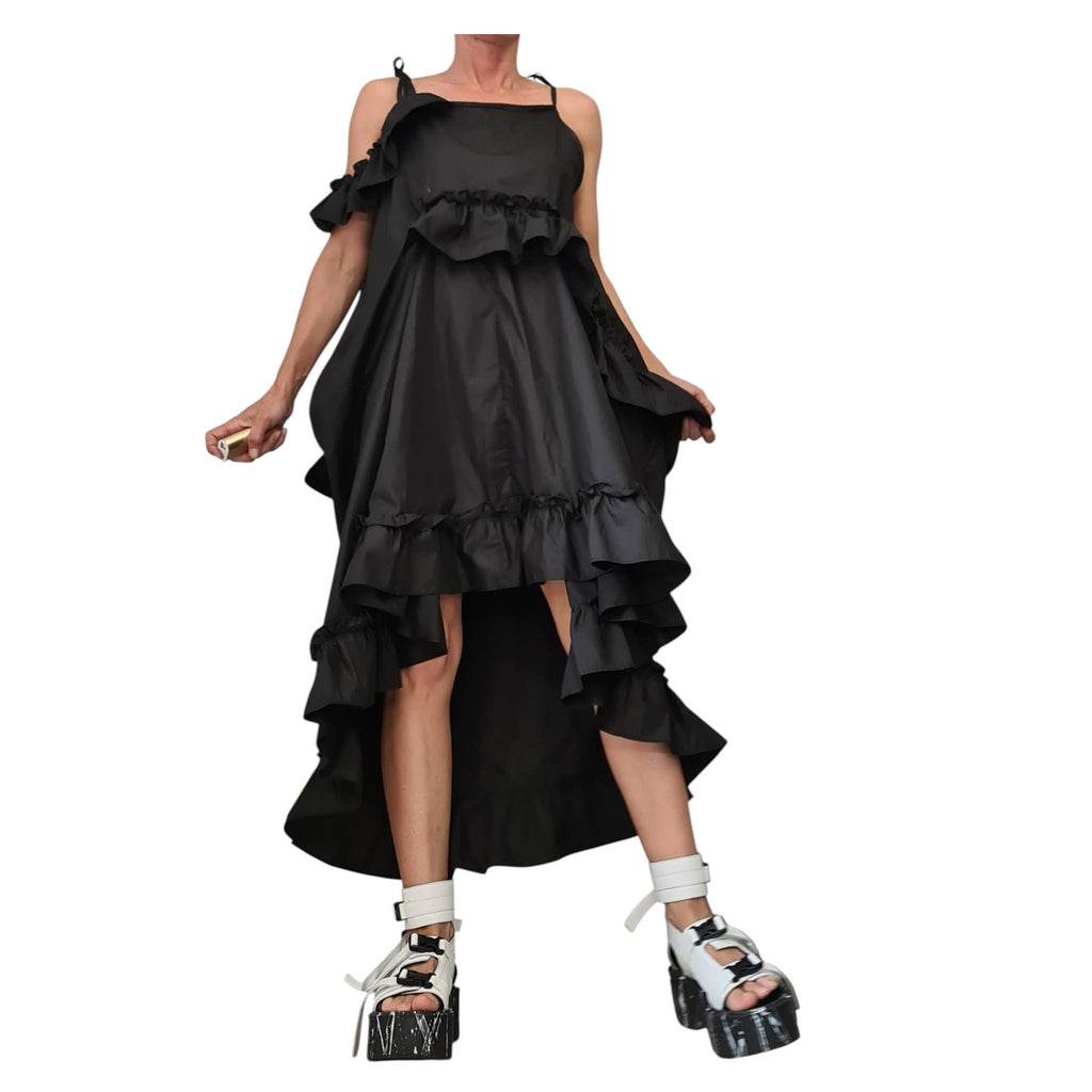 Asymmetric Loose Gothic Black Dress, Plus Size Clothing, Spaghetti Strap Dress