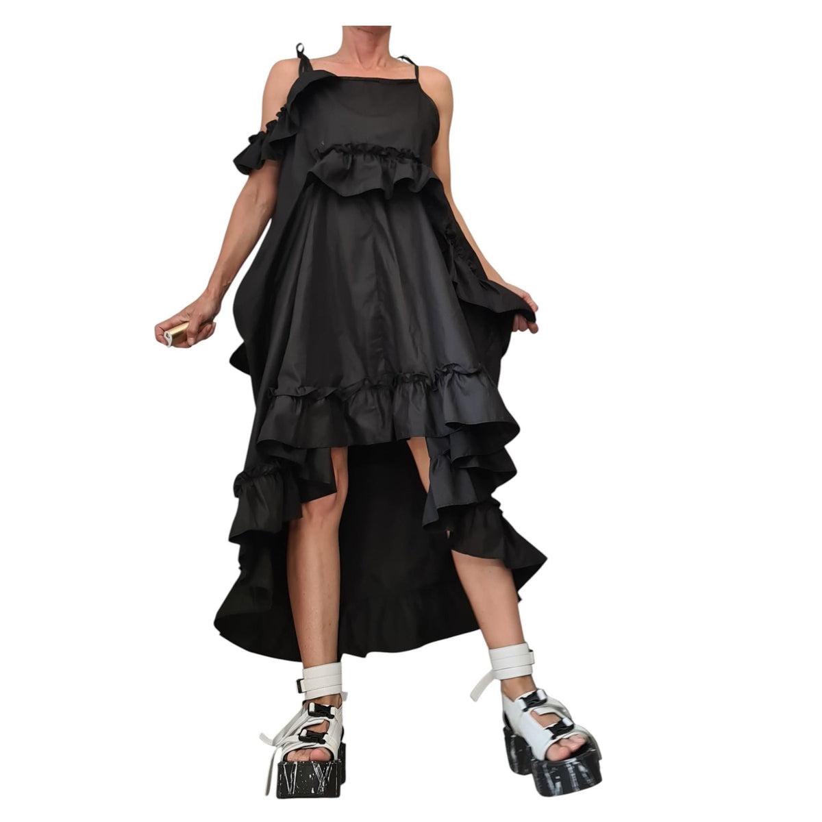 Asymmetric Loose Gothic Black Dress, Plus Size Clothing, Spaghetti Strap Dress