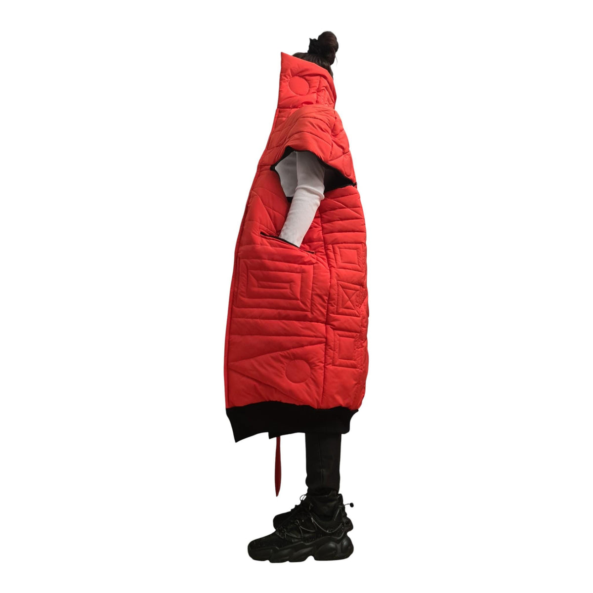 Orange Black Color Block Puffer Vest, Long Sleeveless Jacket, Asymmetric Quilted Gilet