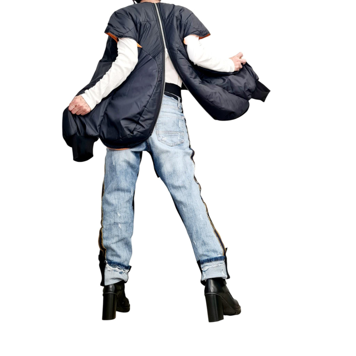 Black and Orange Convertible Puffer Jacket, Zip-Off Sleeves, Quilted Vest Option, Plus Size