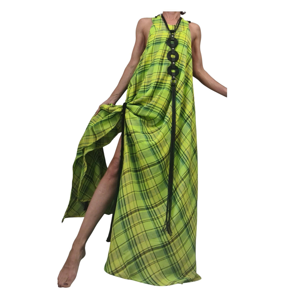 Lime Plaid Linen Maxi Dress for Women, Sleeveless Asymmetric Kaftan, Open Back Dress