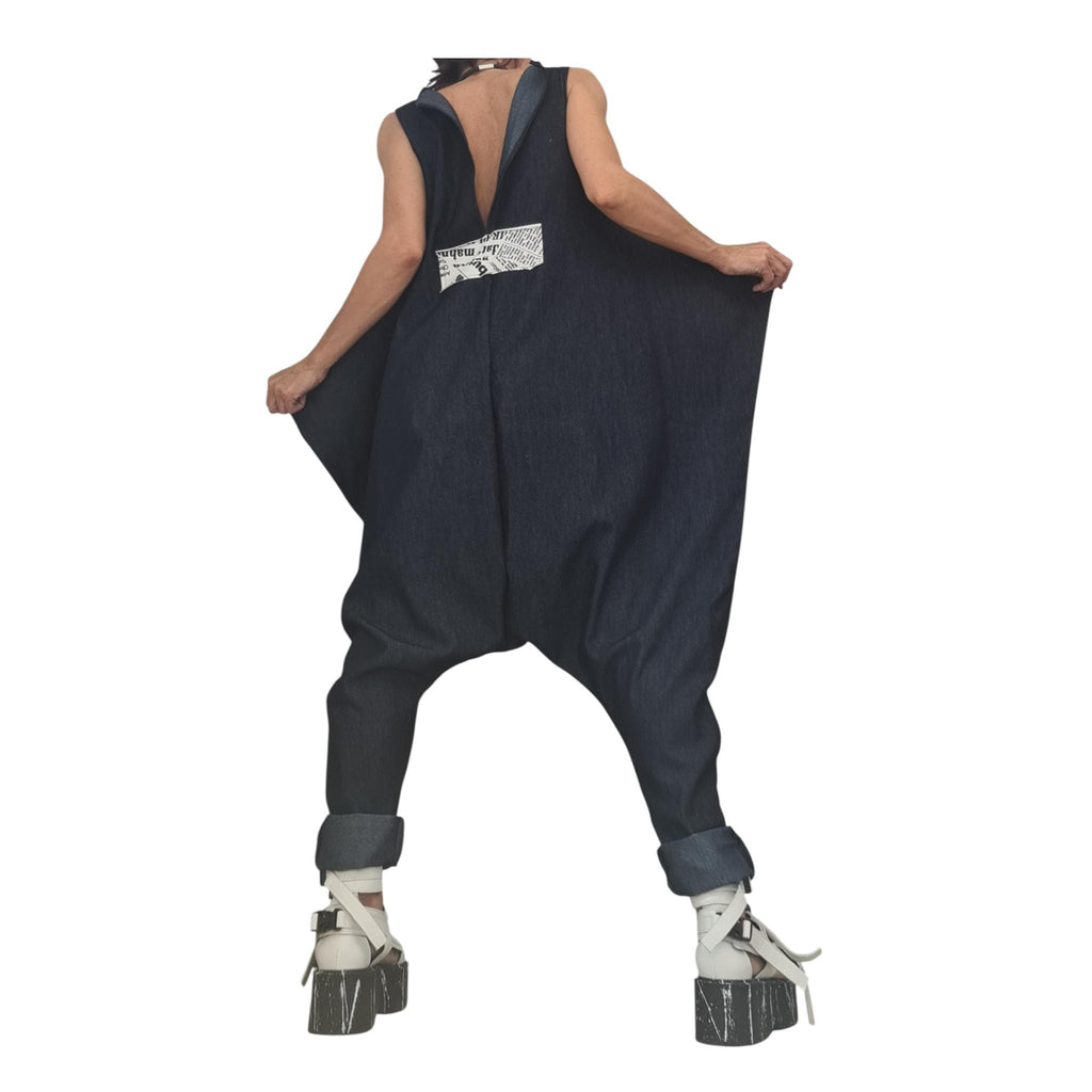 Asymmetric Denim Harem Jumpsuit, Plus Size Wide Leg Sleeveless Overall