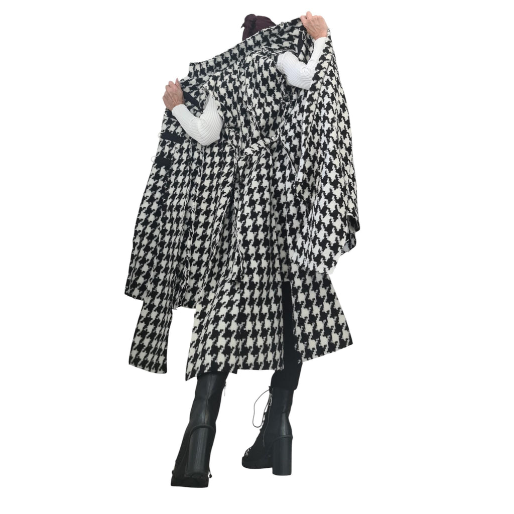 Black and White Houndstooth Maxi Vest, Asymmetric Hem, Buckle Closures, Plus Size Coat