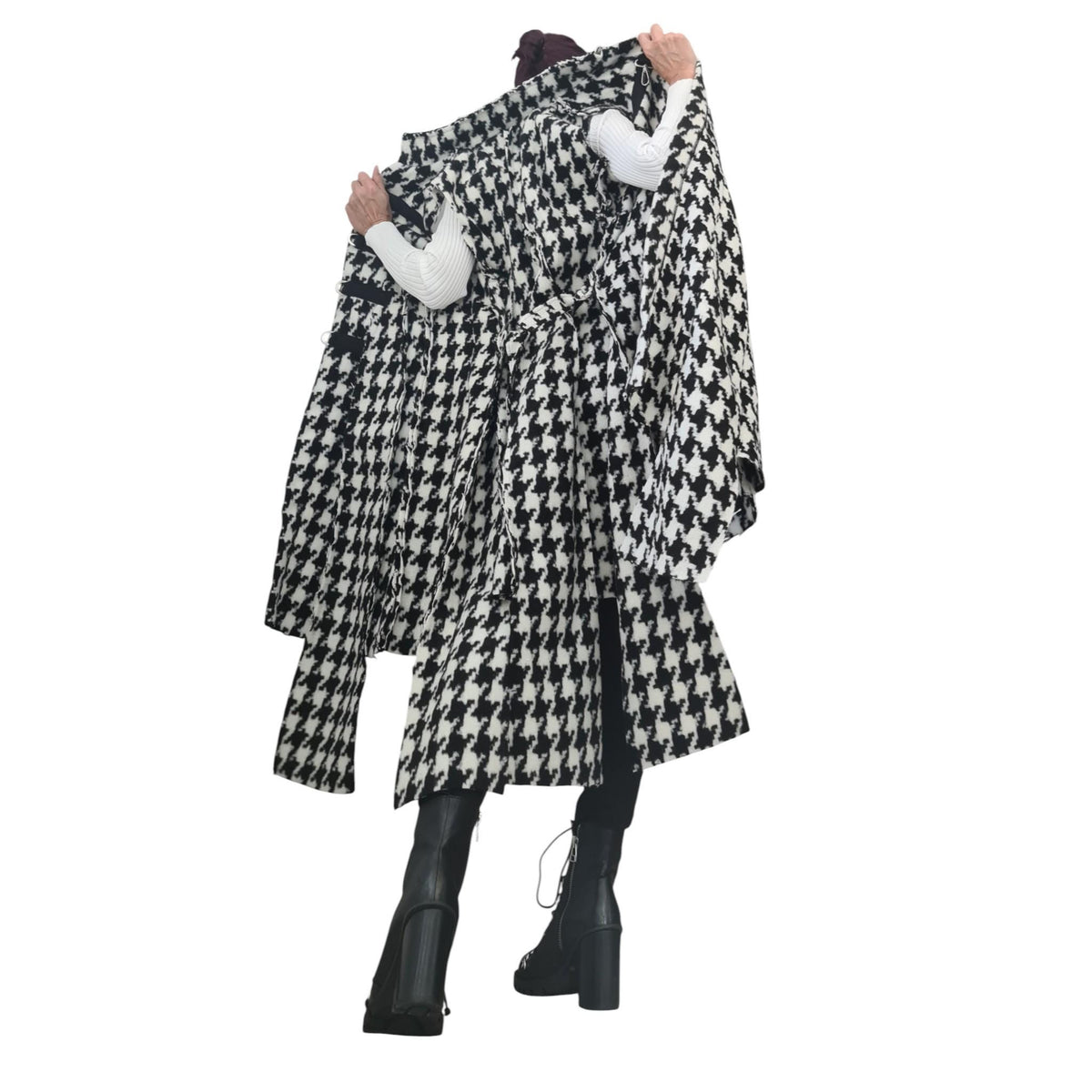 Black and White Houndstooth Maxi Vest, Asymmetric Hem, Buckle Closures, Plus Size Coat