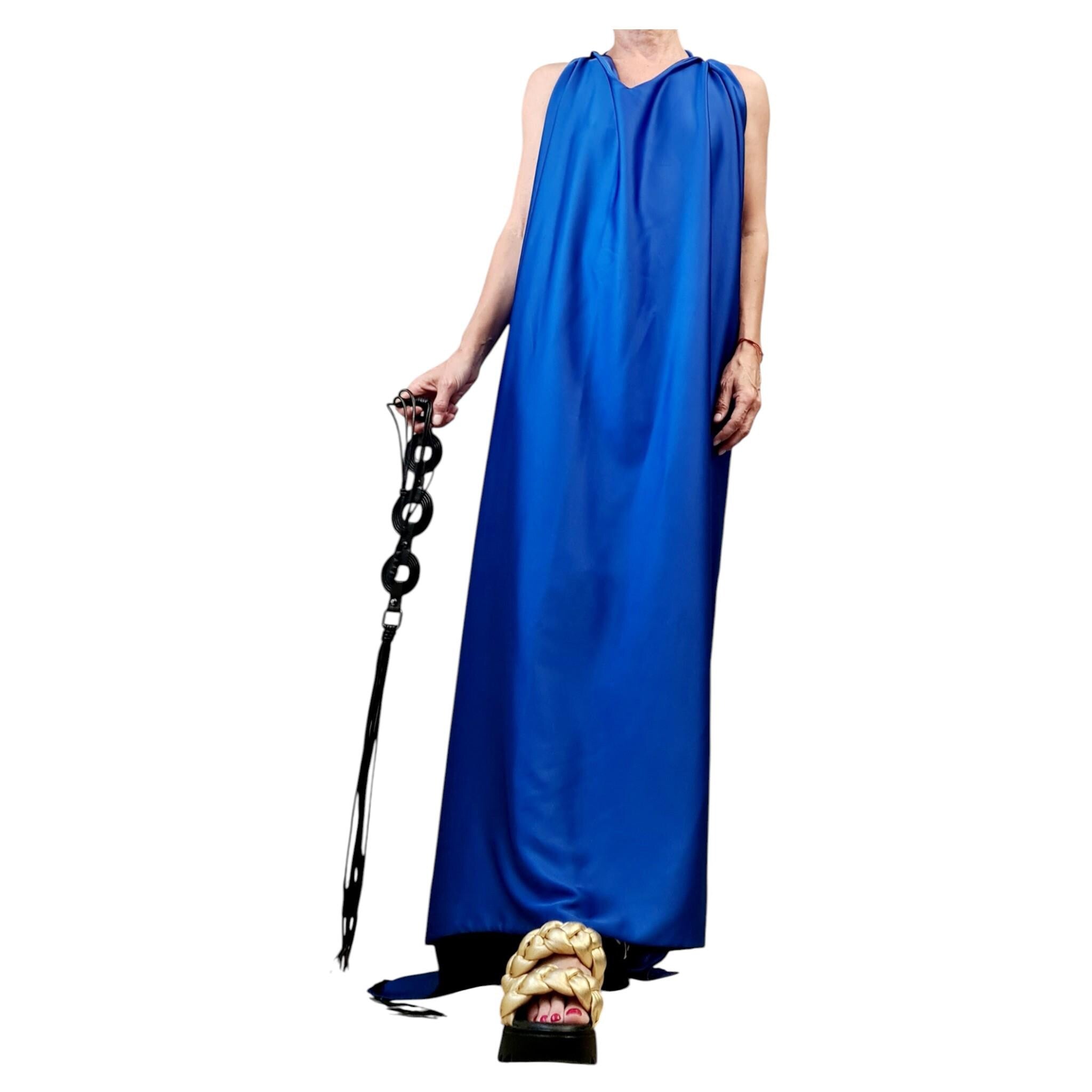 Royal Blue Draped Maxi Dress – Avant-Garde Open Back Grecian Gown