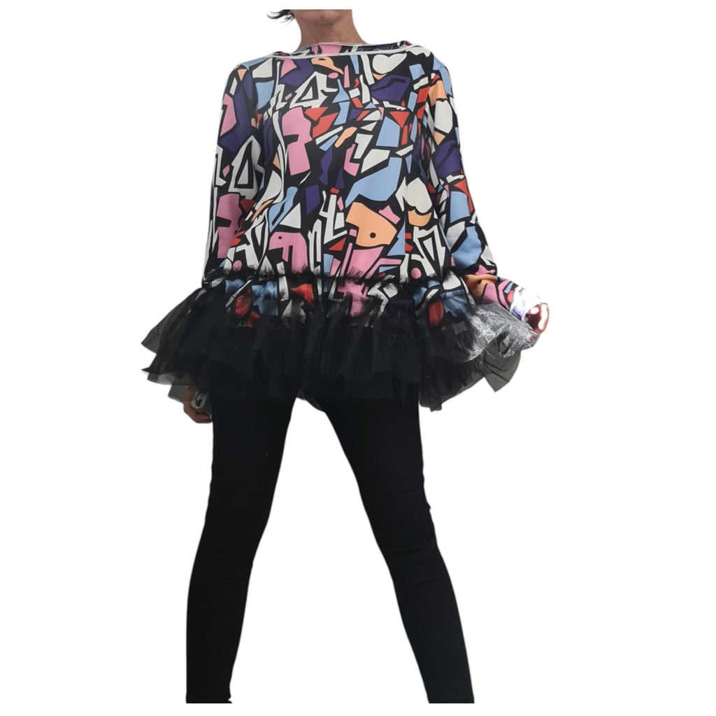 Avant Garde Tunic Blouse, Printed Tulle Top, Extravagant Design, Long Sleeve