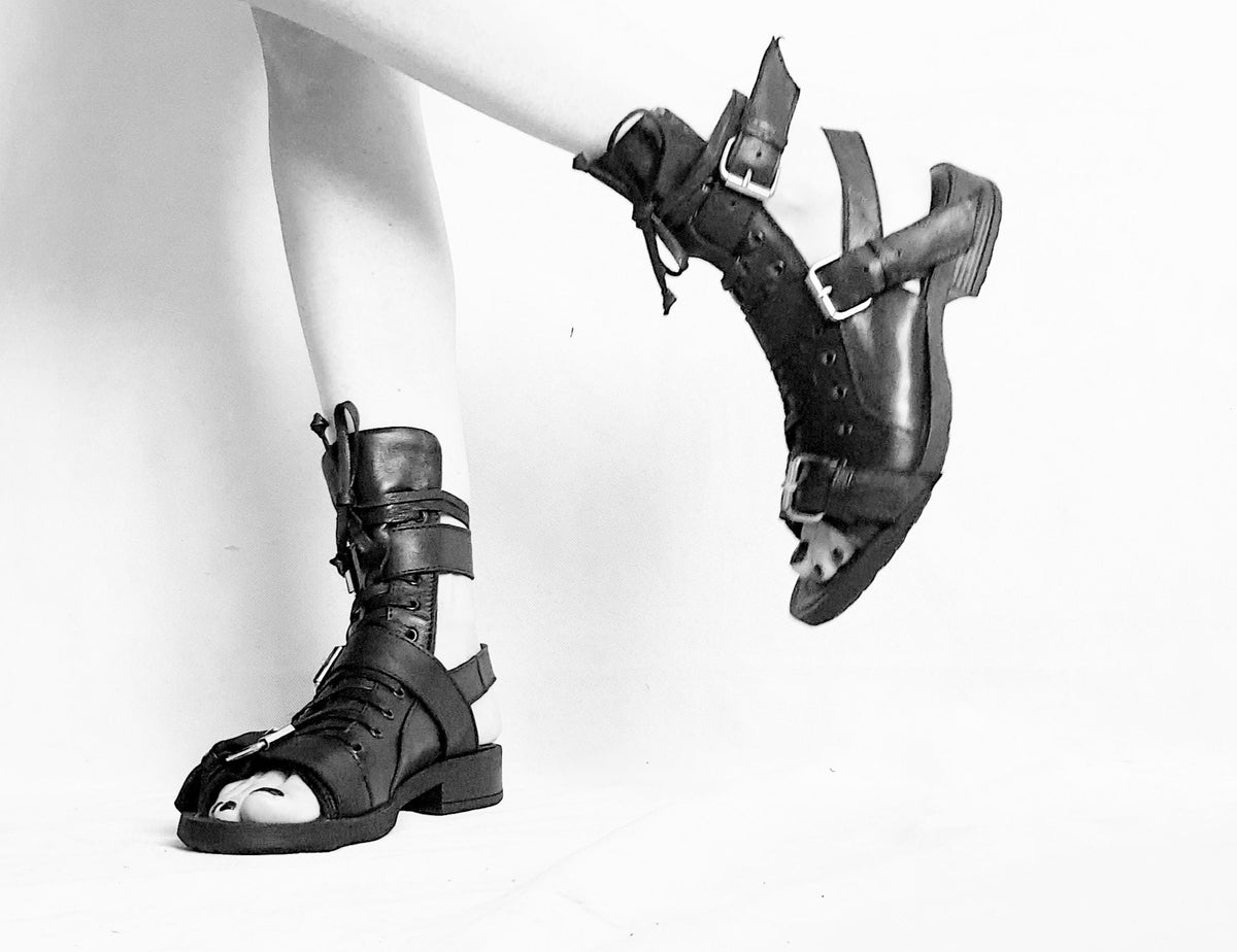 Gothic Gladiator Sandals, Black Leather Greek Style Shoes, Open Toe Summer Footwear