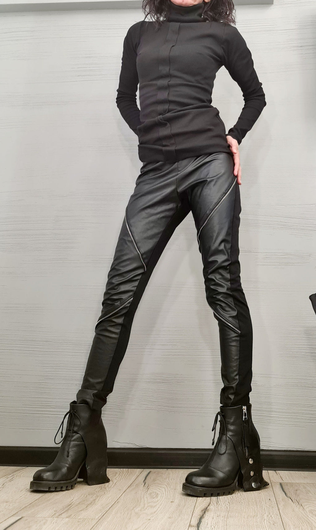Black Eco Leather Leggings, Zip Detail Pants, Gothic Style