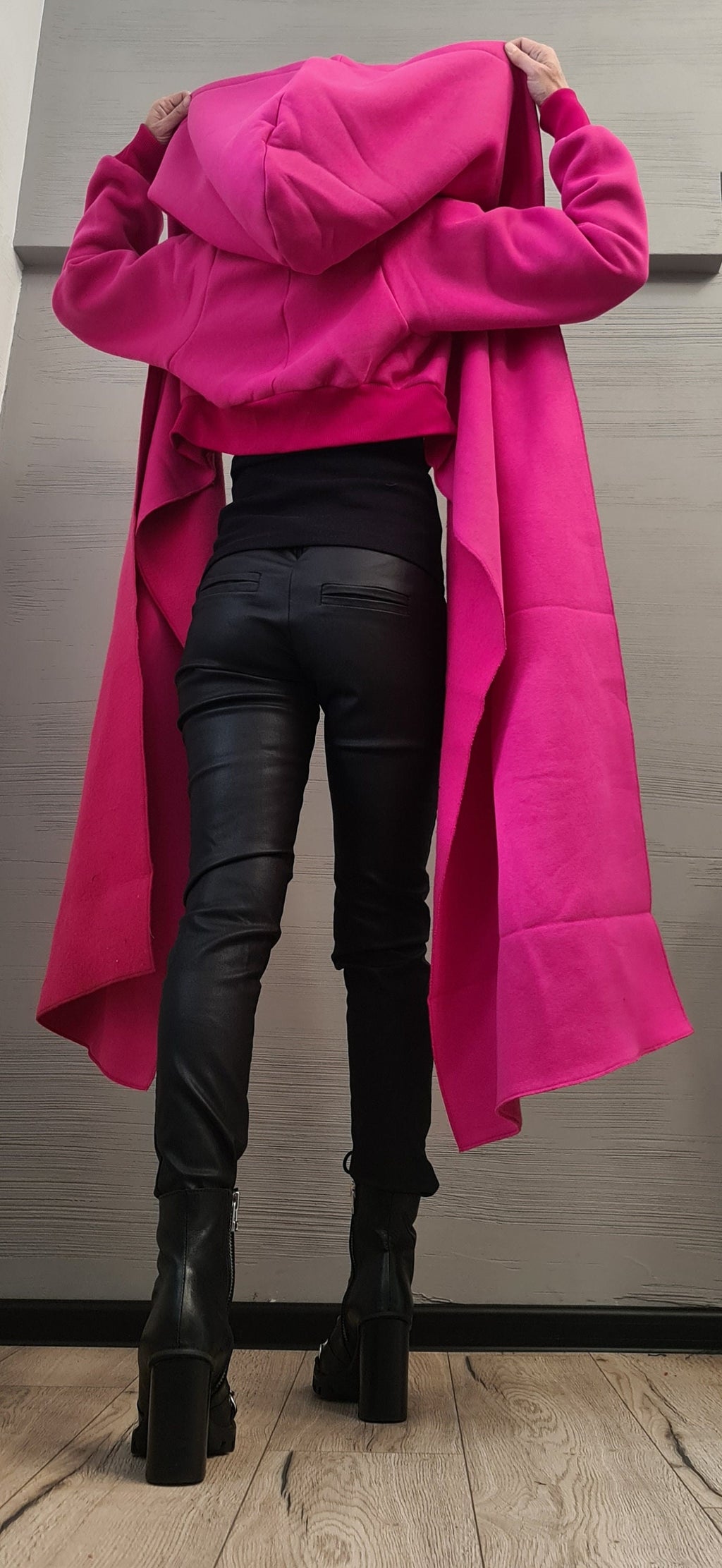 Hot Pink Hooded Asymmetric Sweatshirt, Cropped Wrap Jacket, Long Front Tie Cardigan