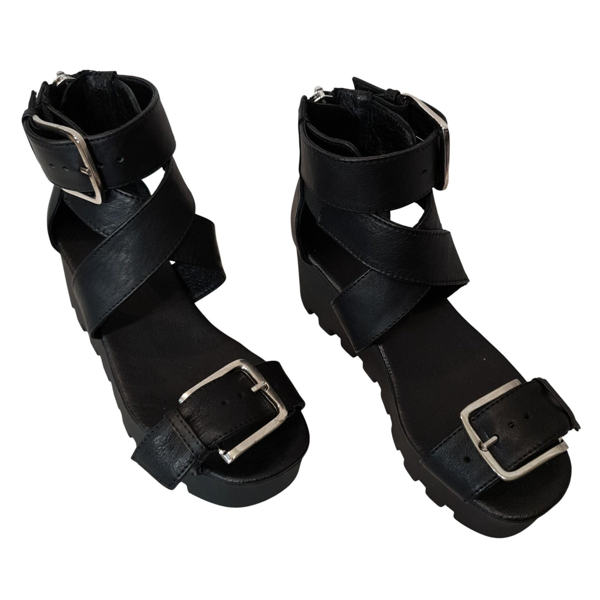 Black Leather Platform Sandals for Women, Wedge Gothic Strappy Shoes