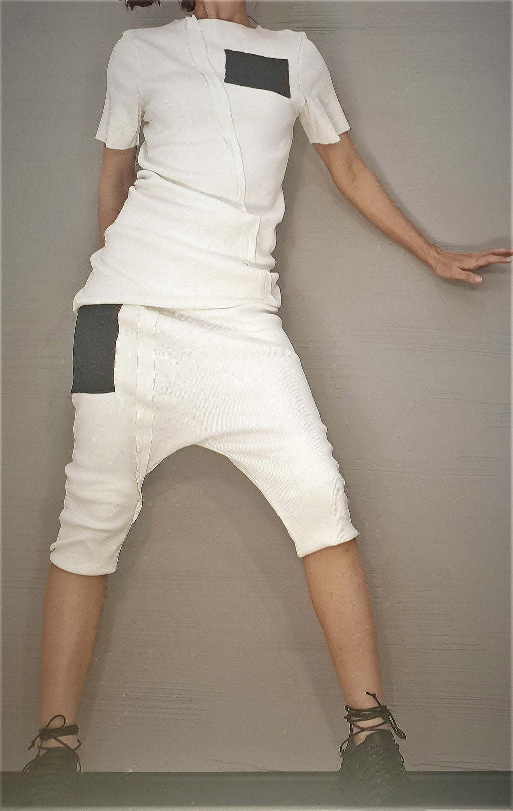 Women’s White Cotton French Terry Co-Ord Set, Asymmetrical Blouse, Cropped Harem Pants