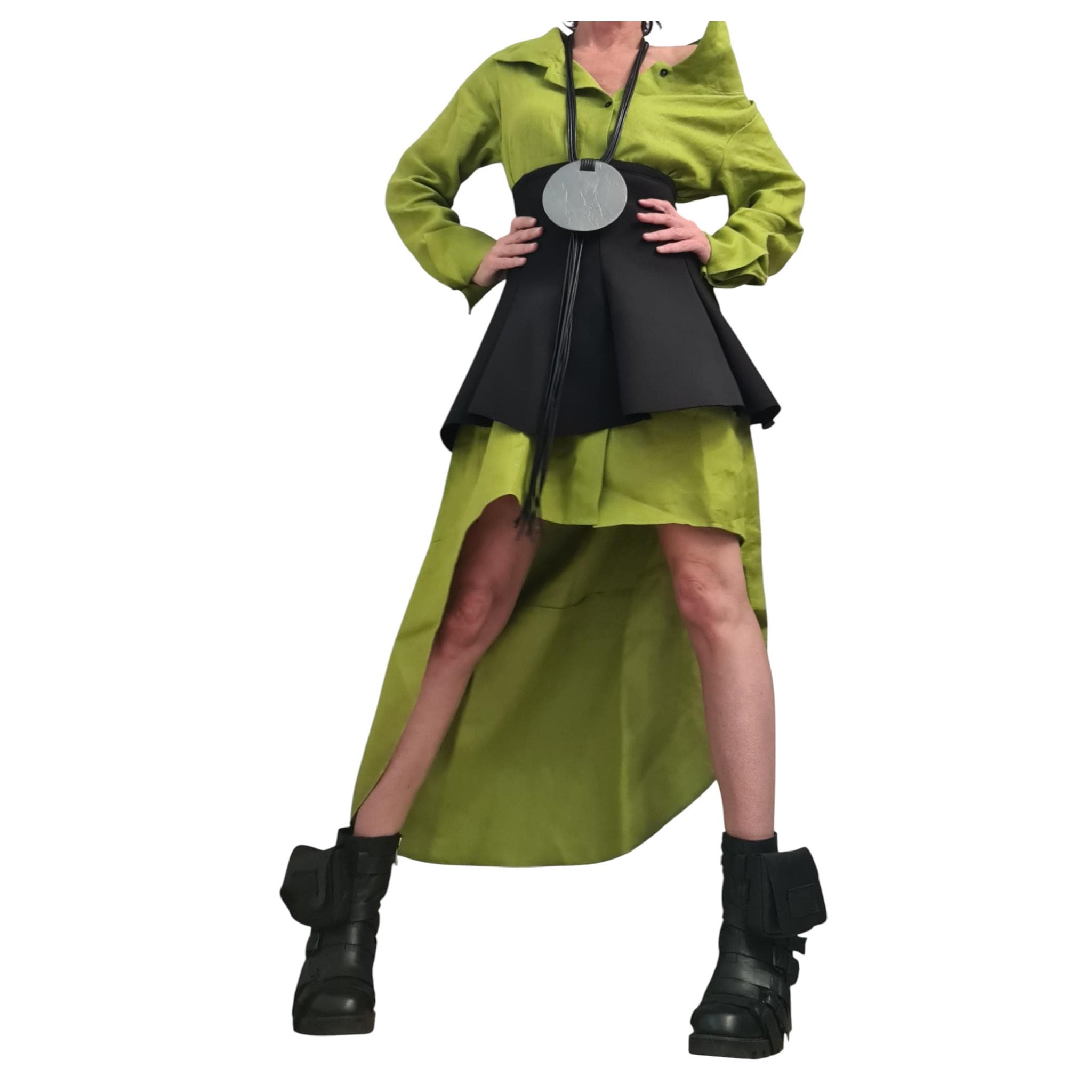 Pistachio Linen Shirt Dress with Neoprene Corset, High Low Hem, Asymmetric Handmade Tunic Dress