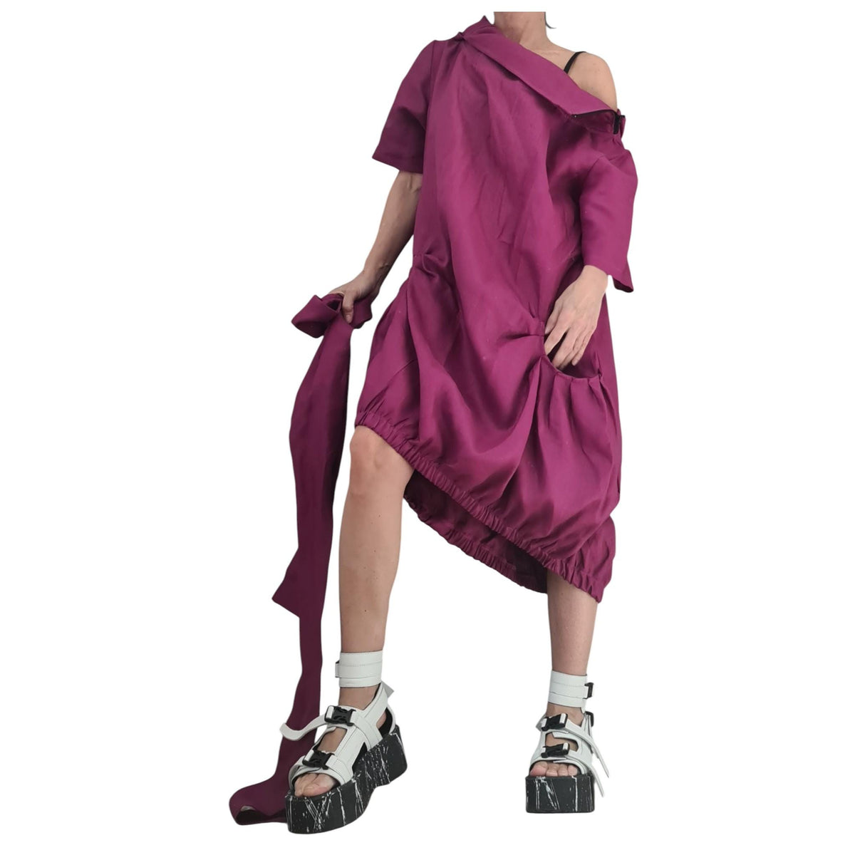 Plum Purple Linen Dress, Hooded Asymmetric Off Shoulder Dress, Oversized Short Sleeve