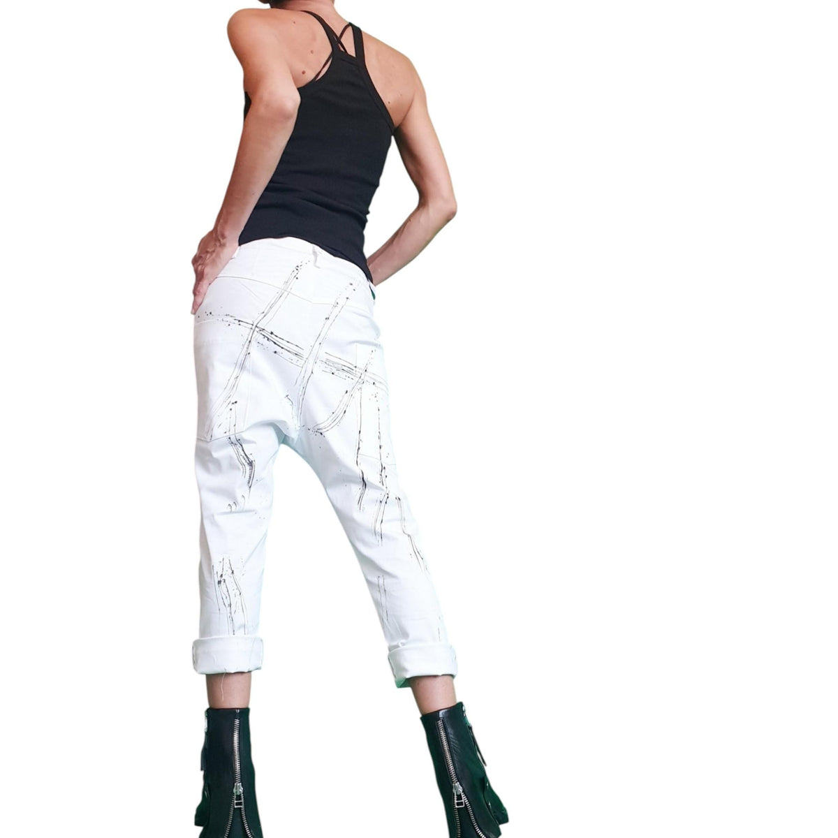 Extravagant White Drop Crotch Pants, Loose Cotton Trousers, Asymmetric Fit