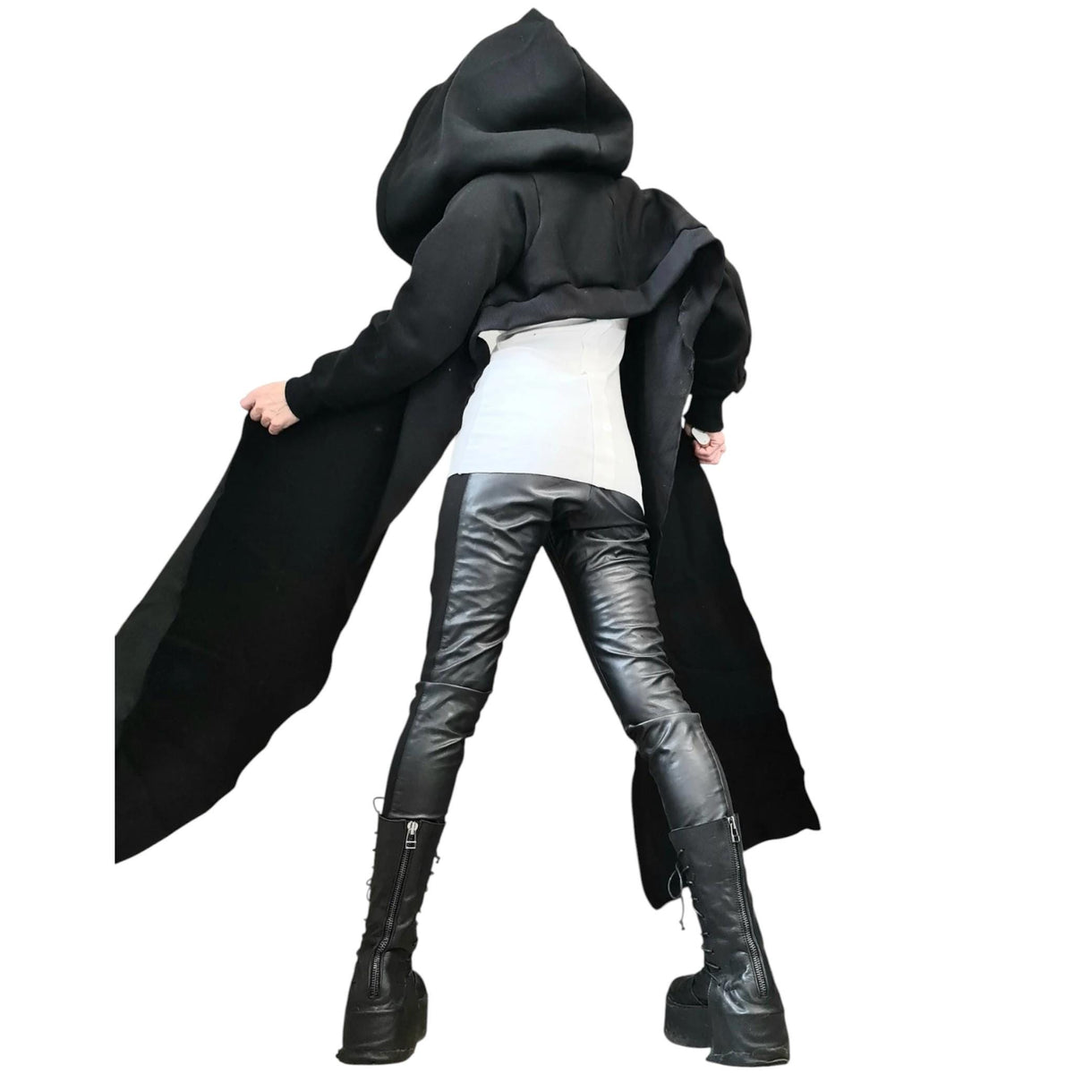 Black Cotton Hooded Sweatshirt, Cropped Back, Long Asymmetrical Draped Panels