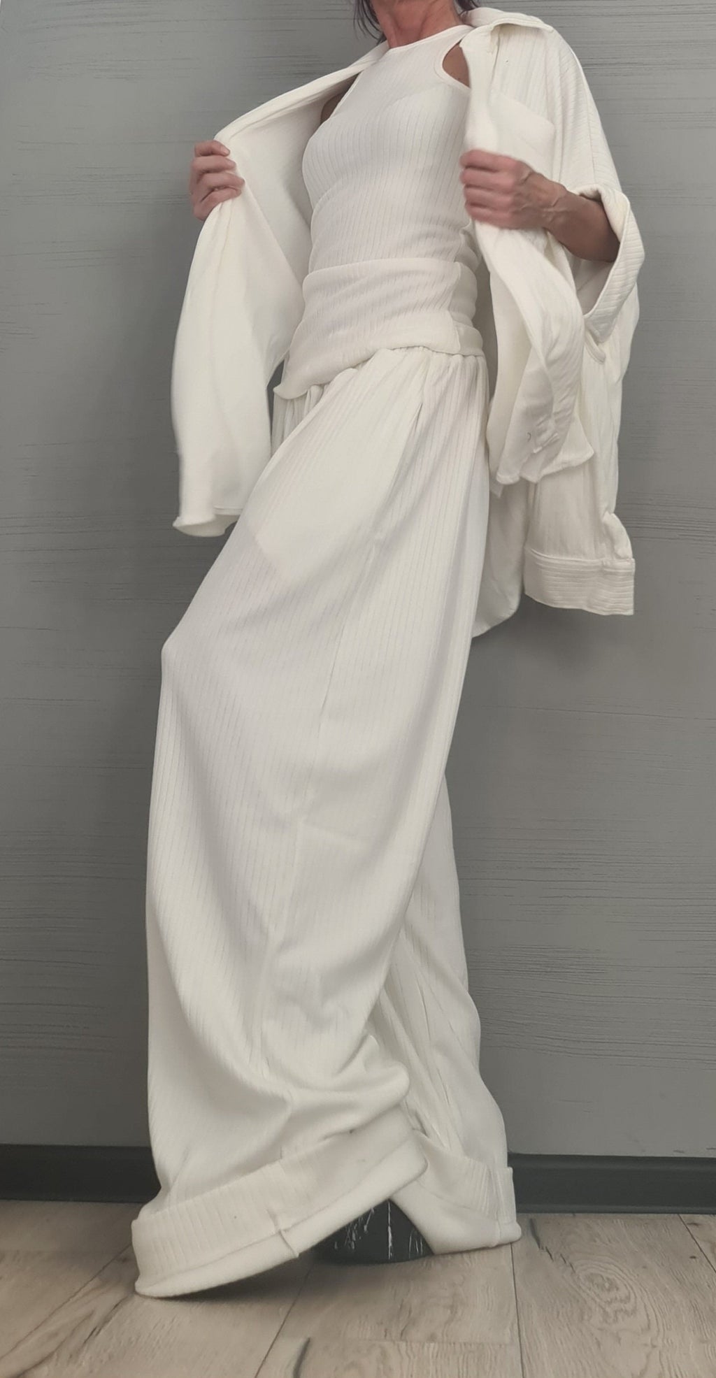 Ivory Cotton Wide Leg Pants, Sleeveless Top, Deconstructed Shirt, Three-Piece Co-Ord Set, Plus Size
