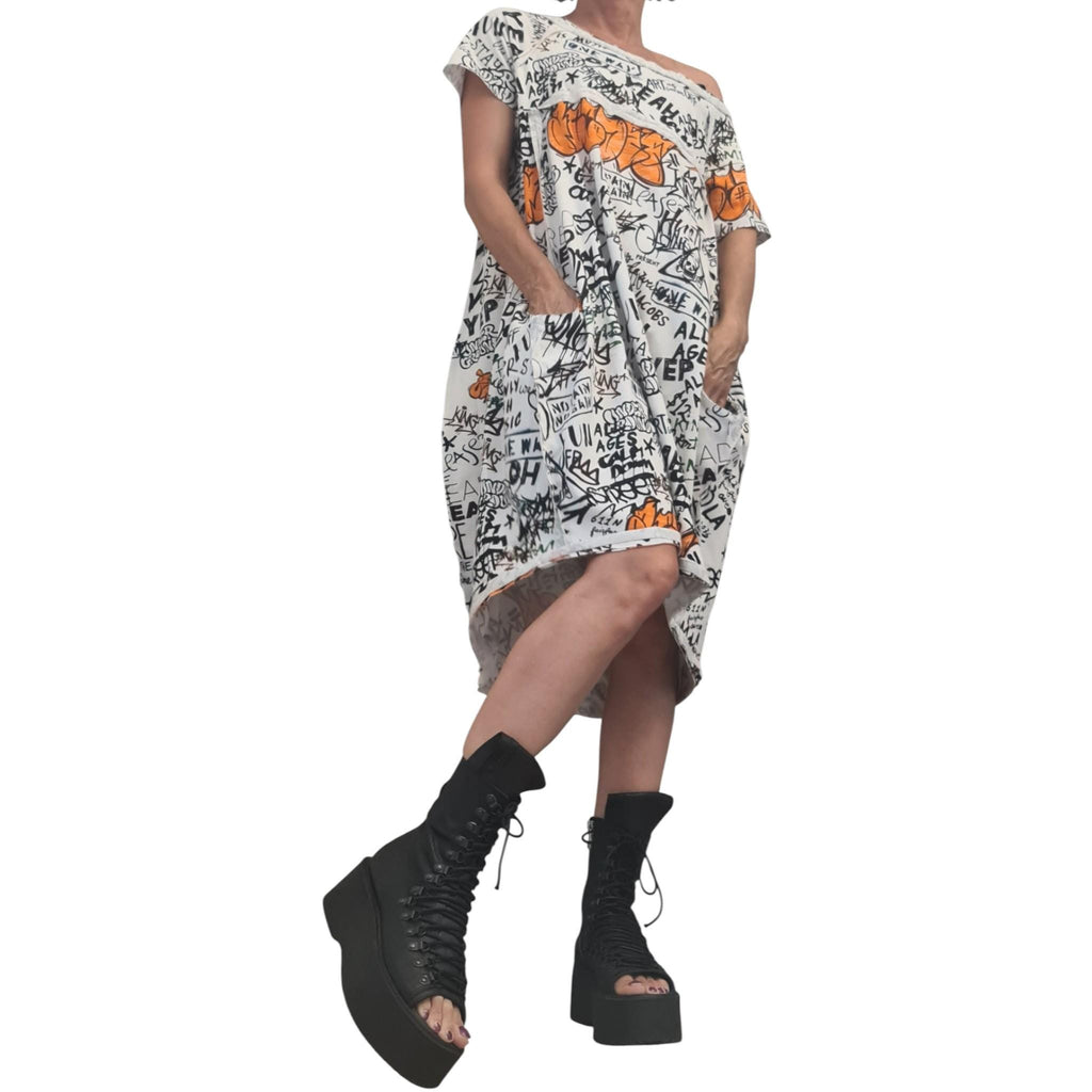 Cotton Tunic Dress with Graffiti Print, Asymmetric Knee Length